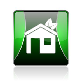 black and green square glossy internet icon on white background with reflaction