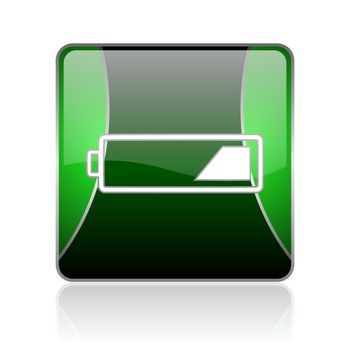 black and green square glossy internet icon on white background with reflaction