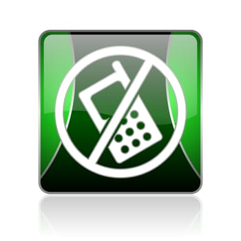 black and green square glossy internet icon on white background with reflaction