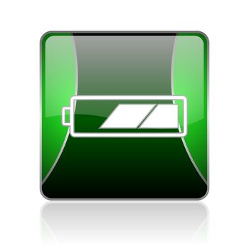black and green square glossy internet icon on white background with reflaction