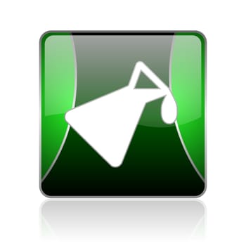 black and green square glossy internet icon on white background with reflaction