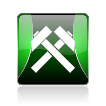 black and green square glossy internet icon on white background with reflaction