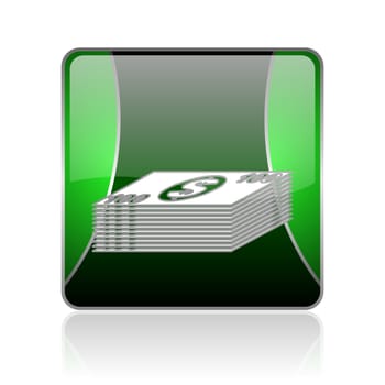 black and green square glossy internet icon on white background with reflaction
