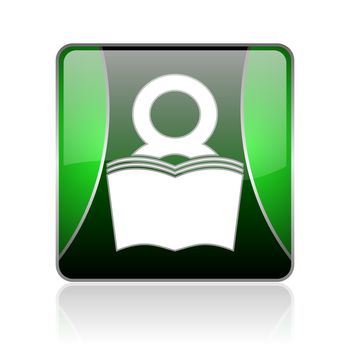 black and green square glossy internet icon on white background with reflaction