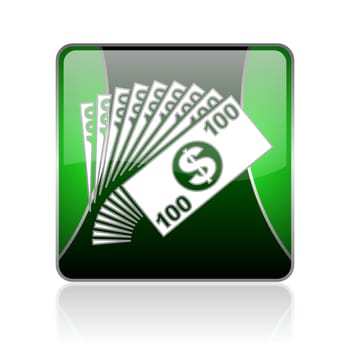 black and green square glossy internet icon on white background with reflaction