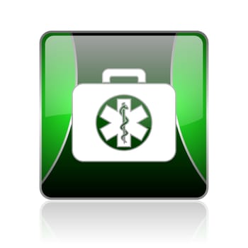 black and green square glossy internet icon on white background with reflaction