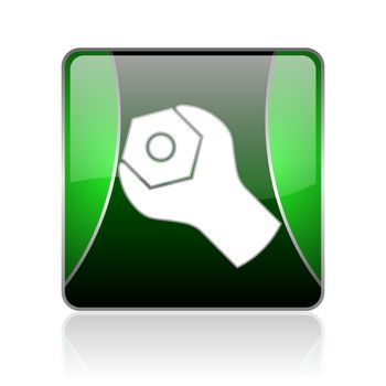 black and green square glossy internet icon on white background with reflaction