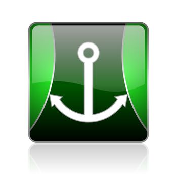 black and green square glossy internet icon on white background with reflaction