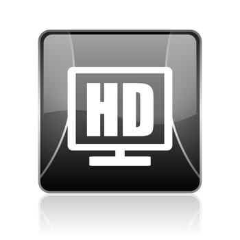 black modern square web glossy icon on white background with reflaction