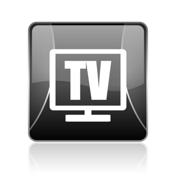 black modern square web glossy icon on white background with reflaction