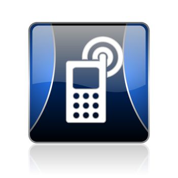 black and blue square glossy internet icon on white background with reflaction