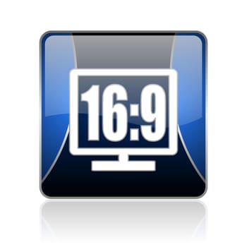 black and blue square glossy internet icon on white background with reflaction