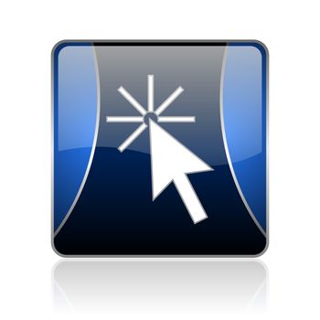 black and blue square glossy internet icon on white background with reflaction