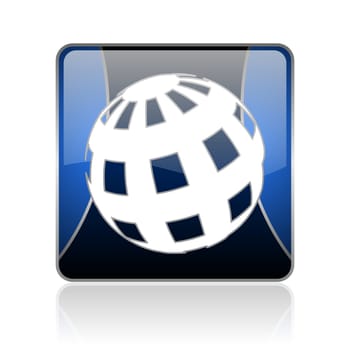 black and blue square glossy internet icon on white background with reflaction