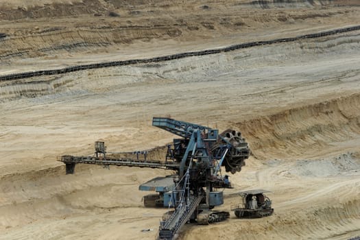 Coal mining in an open pit with huge industrial machine