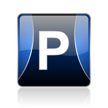 black and blue square glossy internet icon on white background with reflaction