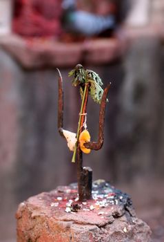 Trishul in Hindu temple in Bhaktapur, Kathmandu valley, Nepal