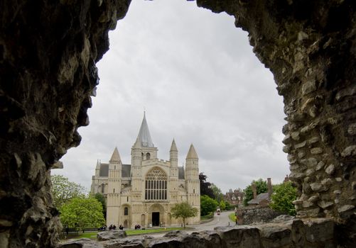 View of Rochester Cathedral in Kent, taken through a window of Rochester Castle