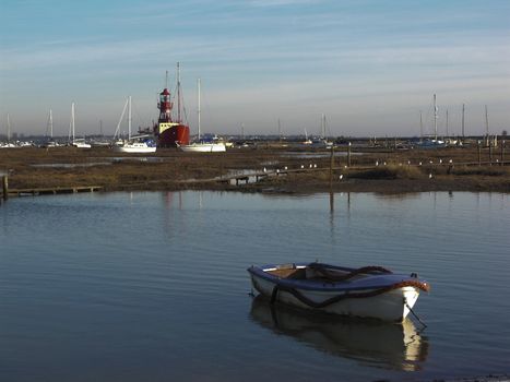 Boats and lightship on Woodrolfe Creek, Tollesbury, Essex