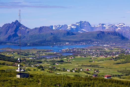 Scenic panorama of green Lofoten islands in Norway during summer