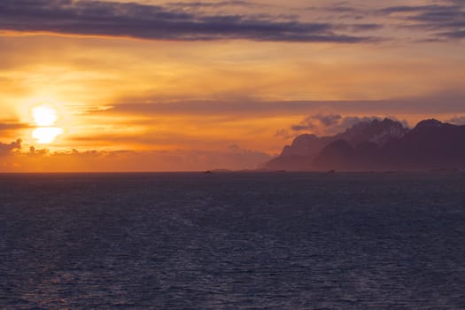 Midnight sun on scenic Lofoten islands in Norway