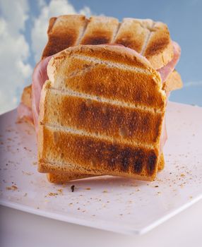 A white plate with toasts under blue sky