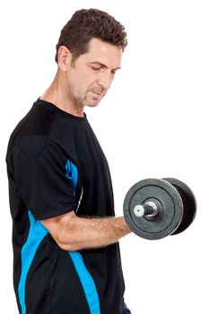 adult attractive man with iron dumbbell sport fitness isolated on white