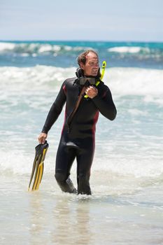 male diver with diving suit snorkel mask fins on the beach in Summer