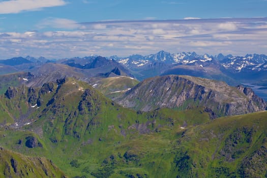 Aerial view of scenic mountain peaks on Lofoten islands in Norway in summer