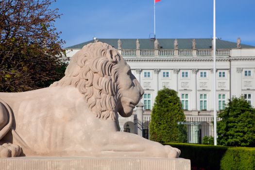 The Presidential Palace in Warsaw, Poland and the statue of lion