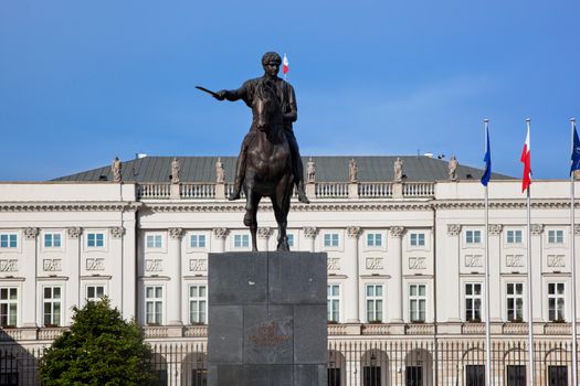 The Presidential Palace in Warsaw, Poland and the statue of Jozef Poniatowski