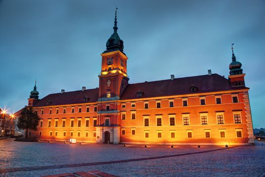 Royal Castle in the old town of Warsaw, Poland at the evening.