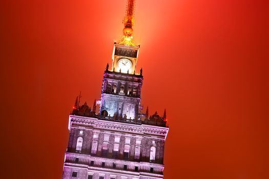 The Palace of Culture and Science, Warsaw, Poland at night close up on the tower - Palac Kultury i Nauki