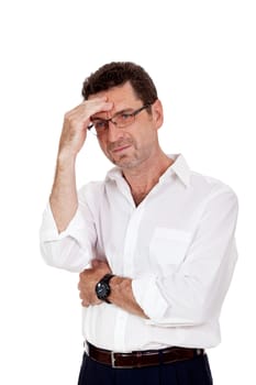 adult businessman frustrated stressed headache isolated on white
