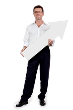 adult smiling businessman red signboard pointing isolated on white