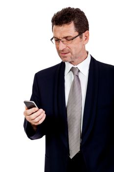 adult businessman with smartphone mobilephone isolated on white