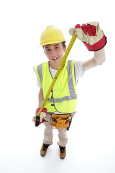 Apprentice builder or carpenter holding an outstretched measureing tape.  White background.