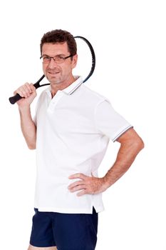 smiling adult tennis player with racket in sportswear  isolated on white