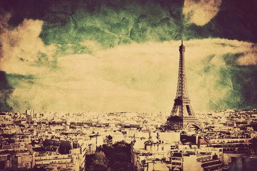 View on the Eiffel Tower and Paris from Arc de Triomphe. Vintage retro style. Tour Eiffel