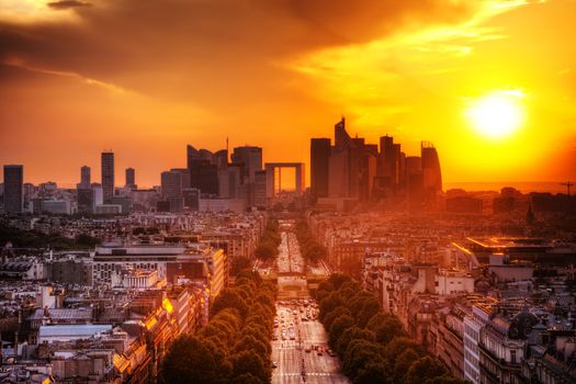 View on La Defense and Champs-Elysees at sunset in Paris, France.