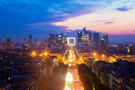 View on La Defense and Champs-Elysees at sunset in Paris, France.