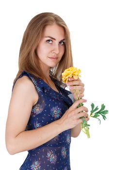Girl with a Yellow Flower on White Background