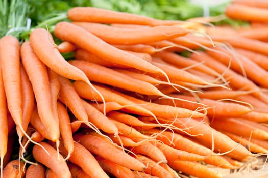 fresh orange carrot bundle on market in summer outdoor