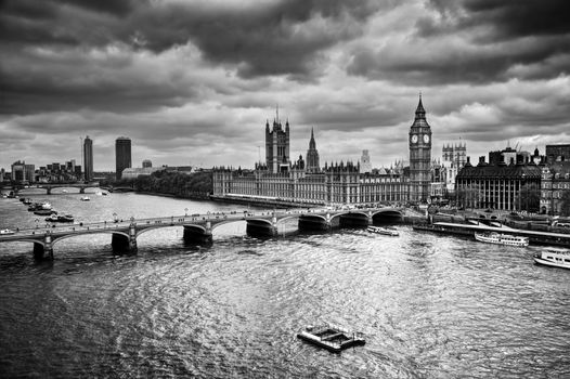 London, the UK. Big Ben, the Palace of Westminster in black and white. The icon of England