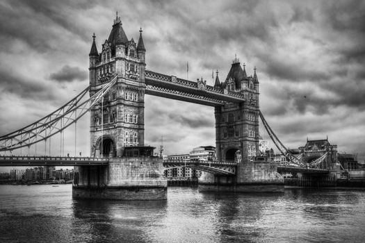 Tower Bridge in London, the UK. Black and white, artistic vintage, retro style