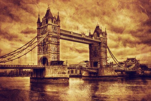 Tower Bridge in London, the UK. Artistic vintage, retro style