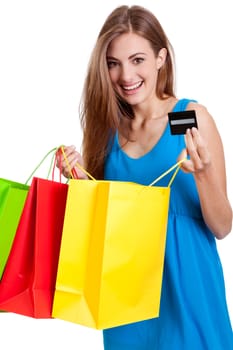 happy young woman with colorful shopping bags visa credit card isolated