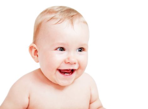 Cute happy baby laughing. Portrait of the boy on white background