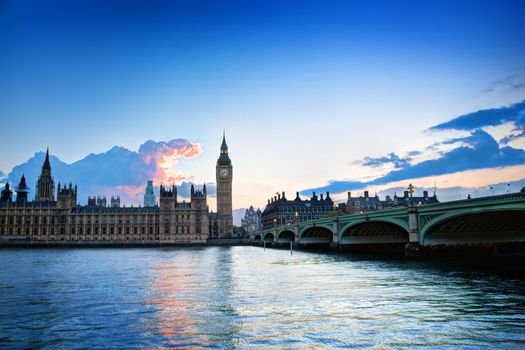 London, the UK. Big Ben, the Palace of Westminster at sunset. The icon of England