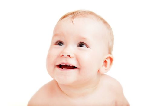 Cute happy baby smiling. Portrait of the boy on white background
